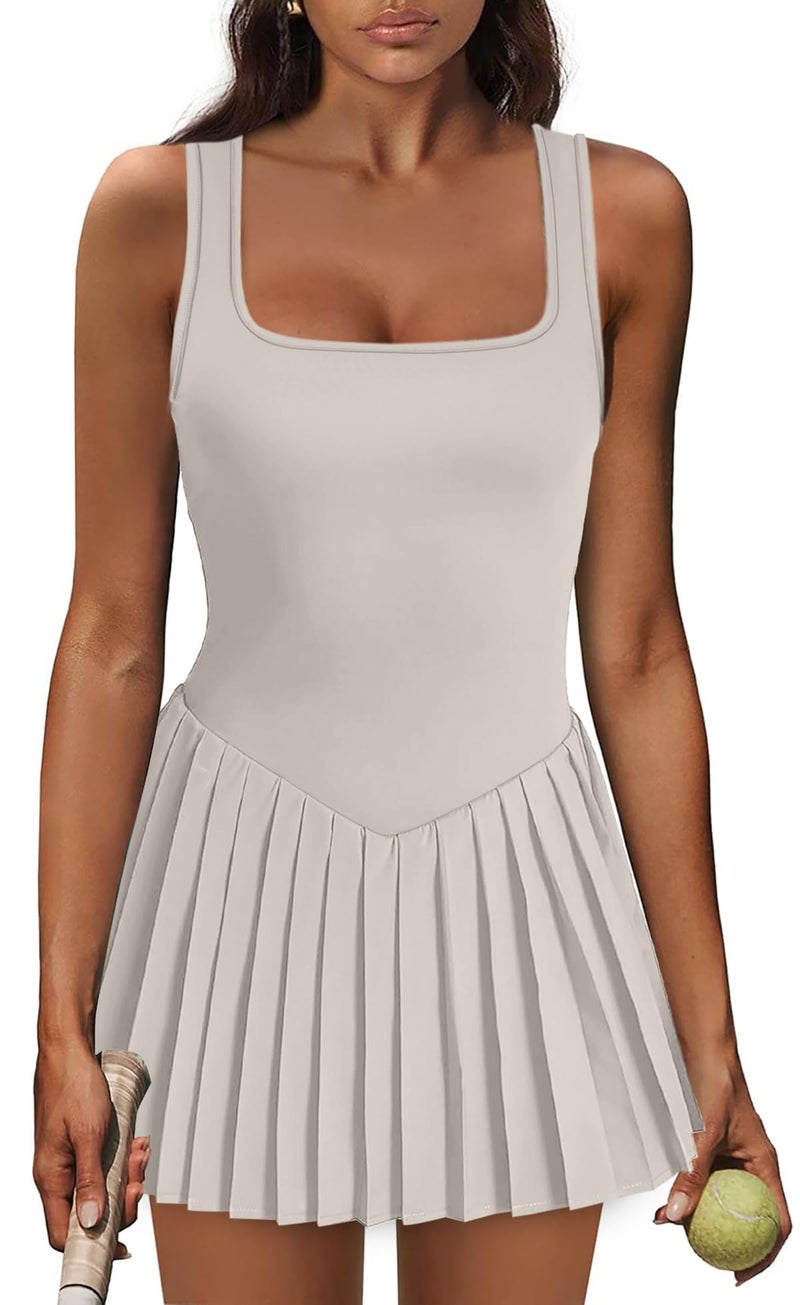 NIASHOT Tennis Dresses for Women with Shorts Active Dress Pleated Skirts Womens Summer Outfits 2026 Athletic Dress with Pockets Beige S - Image 1