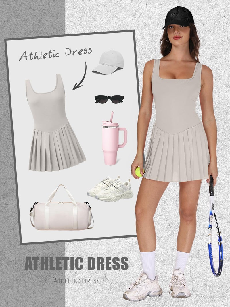 NIASHOT Tennis Dresses for Women with Shorts Active Dress Pleated Skirts Womens Summer Outfits 2026 Athletic Dress with Pockets Beige S - Image 4