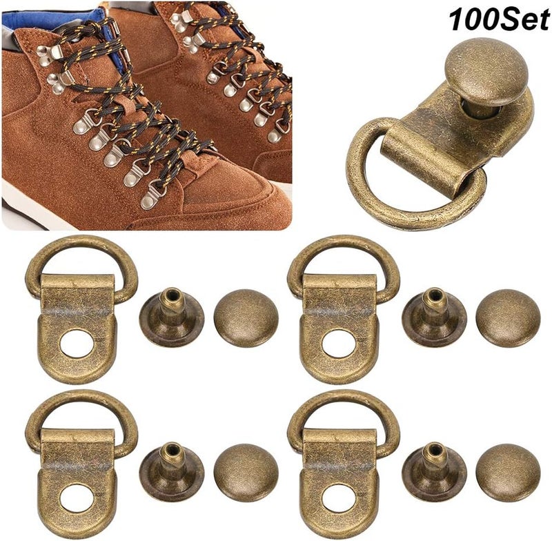 klarako 100 Sets Shoe Lace Hooks Bronze Boot Hooks D‑Ring Eyelet Repair Kit Boot Laces Buckles Loop Ring Brass Shoe Leather Bag DIY Rivet Tool 9x14mm for Shoe Repair Replacement - Image 2