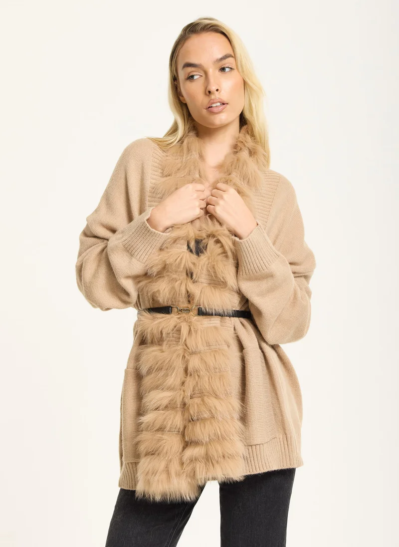 Liquorish Camel Faux Fur Trim Belted Cardigan