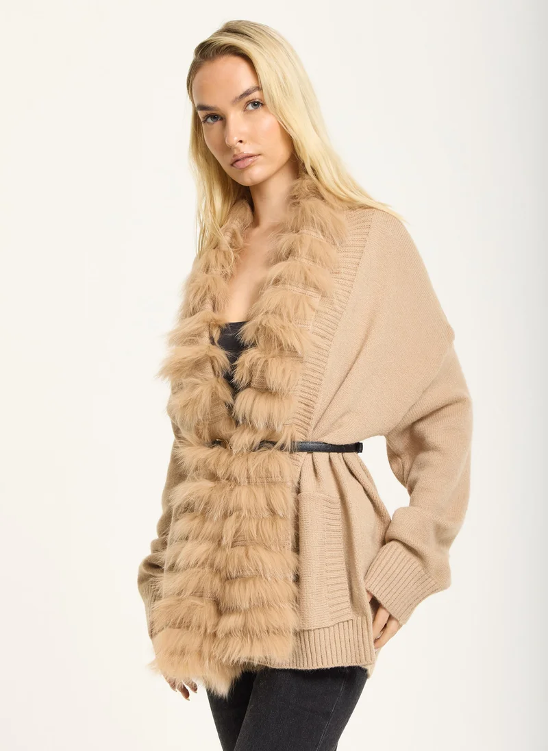 Liquorish Camel Faux Fur Trim Belted Cardigan