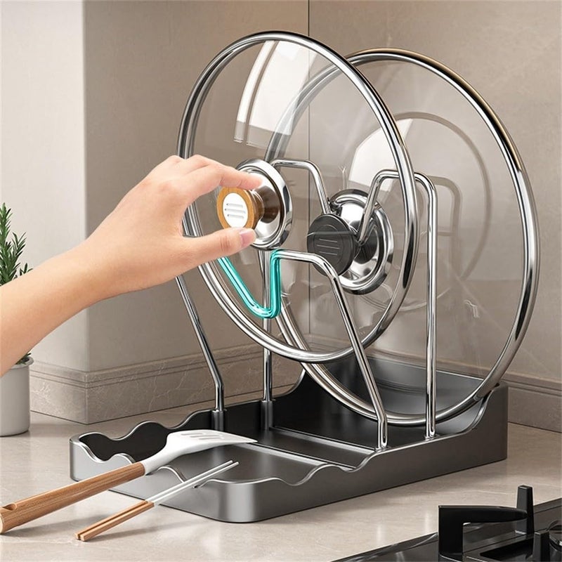 Pot Lid Holder With Spoon Rest And Rag Holder 2 In 1 Kitchen Countertop Organizer PP Stainless Steel Storage Rack Grey Size A - Image 5