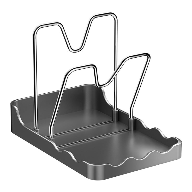 Pot Lid Holder With Spoon Rest And Rag Holder 2 In 1 Kitchen Countertop Organizer PP Stainless Steel Storage Rack Grey Size A - Image 2