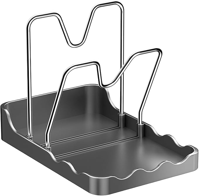 Pot Lid Holder With Spoon Rest And Rag Holder 2 In 1 Kitchen Countertop Organizer PP Stainless Steel Storage Rack Grey Size A - Image 1