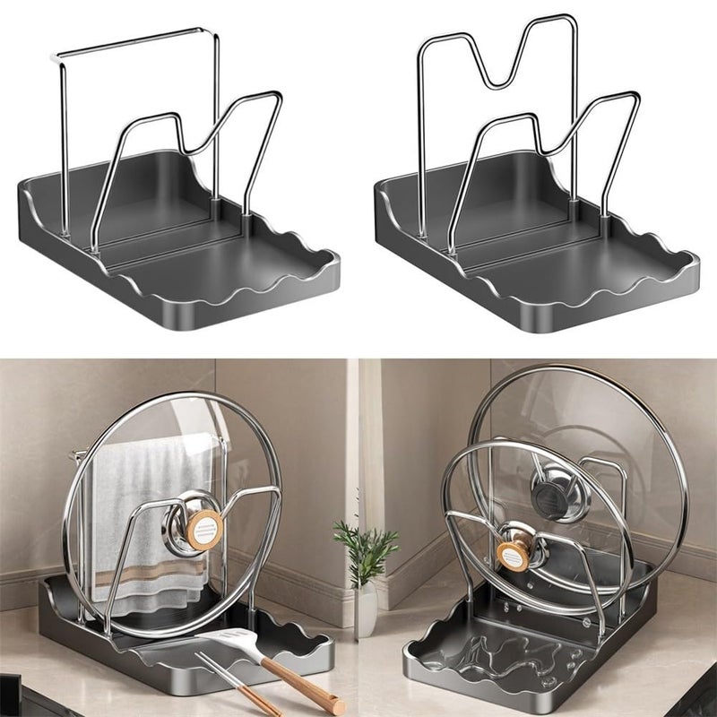 Pot Lid Holder With Spoon Rest And Rag Holder 2 In 1 Kitchen Countertop Organizer PP Stainless Steel Storage Rack Grey Size A - Image 4