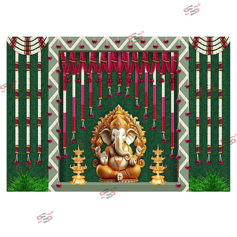 S2S قماش خلفية ديا غانيش لتزيين البوجا التقليدي، قماش تزيين خلفية | قماش ستارة لجميع المهرجانات والفعاليات والمناسبات - (5 × 8 قدم) - Image 2