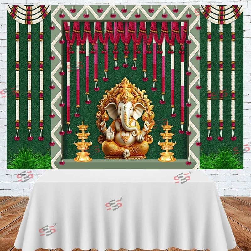 S2S قماش خلفية ديا غانيش لتزيين البوجا التقليدي، قماش تزيين خلفية | قماش ستارة لجميع المهرجانات والفعاليات والمناسبات - (5 × 8 قدم) - Image 4