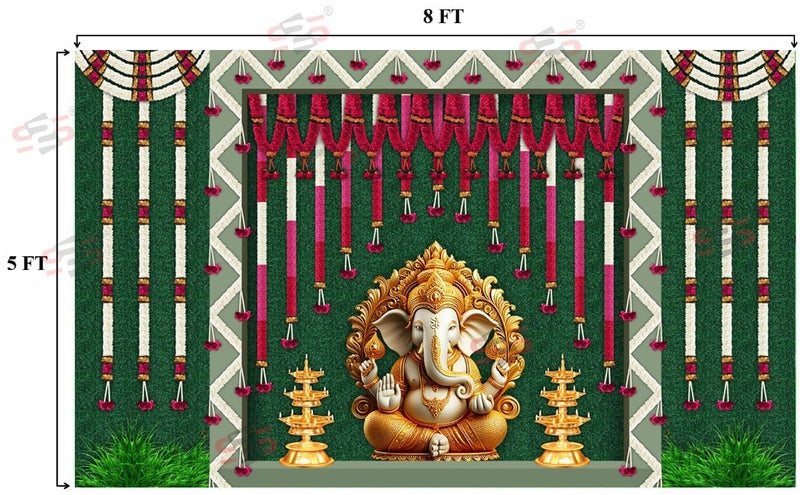 S2S قماش خلفية ديا غانيش لتزيين البوجا التقليدي، قماش تزيين خلفية | قماش ستارة لجميع المهرجانات والفعاليات والمناسبات - (5 × 8 قدم) - Image 3