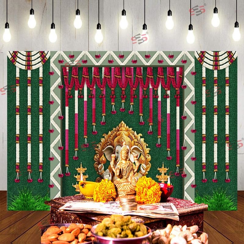S2S قماش خلفية ديا غانيش لتزيين البوجا التقليدي، قماش تزيين خلفية | قماش ستارة لجميع المهرجانات والفعاليات والمناسبات - (5 × 8 قدم) - Image 5
