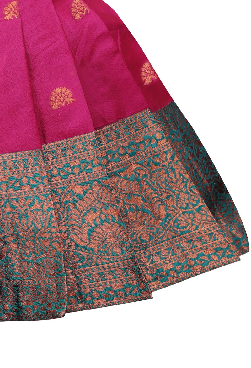 Suzvan Baby Girls South Indian Traditional Pattu Pavadai Jacquard Silk Lehenga Choli (Pink, 6-12 Months) - Image 3