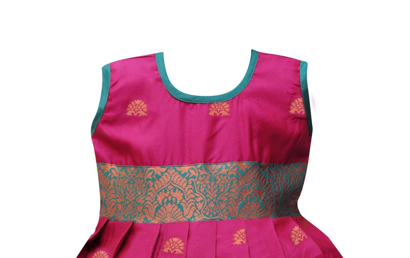 Suzvan Baby Girls South Indian Traditional Pattu Pavadai Jacquard Silk Lehenga Choli (Pink, 6-12 Months) - Image 2