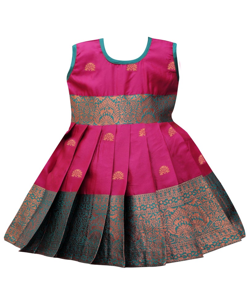 Suzvan Baby Girls South Indian Traditional Pattu Pavadai Jacquard Silk Lehenga Choli (Pink, 6-12 Months) - Image 1