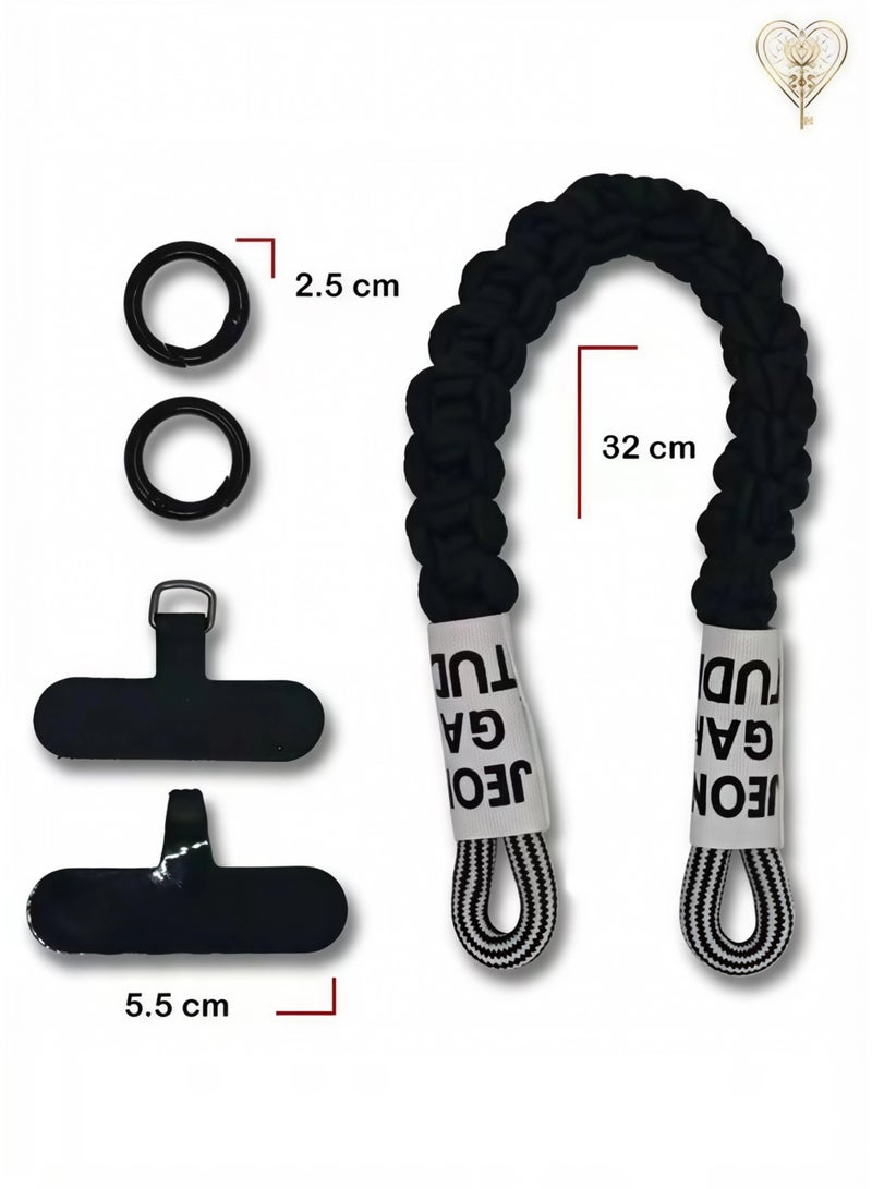 كيامور حبل معصم مضفراسود  للهاتف مزوّد بملصقات قماشية ومشابك من سبائك معدنية سوداء غير لامعة – سوار يد أنيق ومتين مصنوع من باراكورد قوي، يشمل لسان تثبيت من السيليكون القوي أو الجلد لتوصيل حامل البطاقة بأمان، مثالي للاستخدام اليومي، السفر، المناسبات، ومنع سقوط الهاتف - Image 3