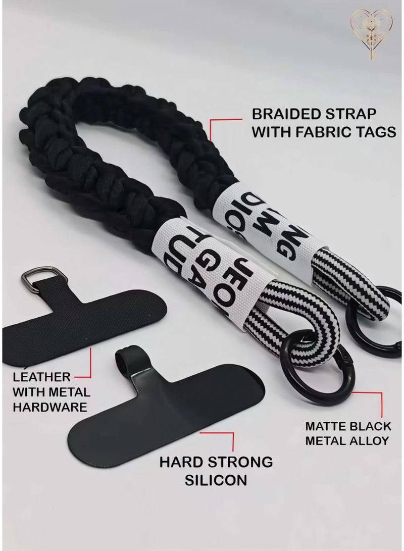 كيامور حبل معصم مضفراسود  للهاتف مزوّد بملصقات قماشية ومشابك من سبائك معدنية سوداء غير لامعة – سوار يد أنيق ومتين مصنوع من باراكورد قوي، يشمل لسان تثبيت من السيليكون القوي أو الجلد لتوصيل حامل البطاقة بأمان، مثالي للاستخدام اليومي، السفر، المناسبات، ومنع سقوط الهاتف - Image 2
