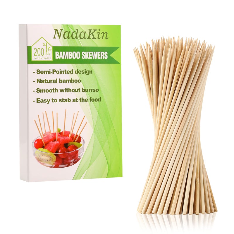 NadaKin 200 PCS Bamboo Skewers 6 Inch Food Sticks for Appetizers Fruit Grilling Kebabs Cocktail Picks for Drinks Toothpicks Natural Kitchen Gadget
