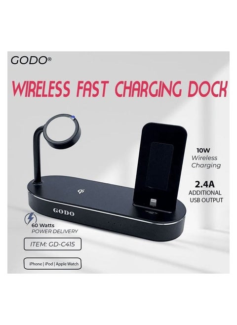 G0D0 GD-C415 Complete  Charging Dock 4 in 1 Wireless Fast Charging Dock Aluminum Output 5W Wireless 10W C94 Lightning 18W, USB-A 24W