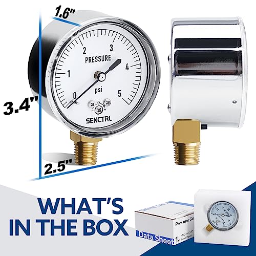 SENCTRL 0-5 Psi Low Pressure Gauge, Capsule Gauge, 2-1/2" Dial Size, 1/4" NPT Lower Mount, Zero Adjustment, for Air Water Gas Pressure Test - Image 5