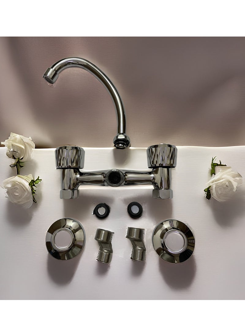 صنبور مياه بمقبض مزدوج للتثبيت في الحائط فضي - Image 5