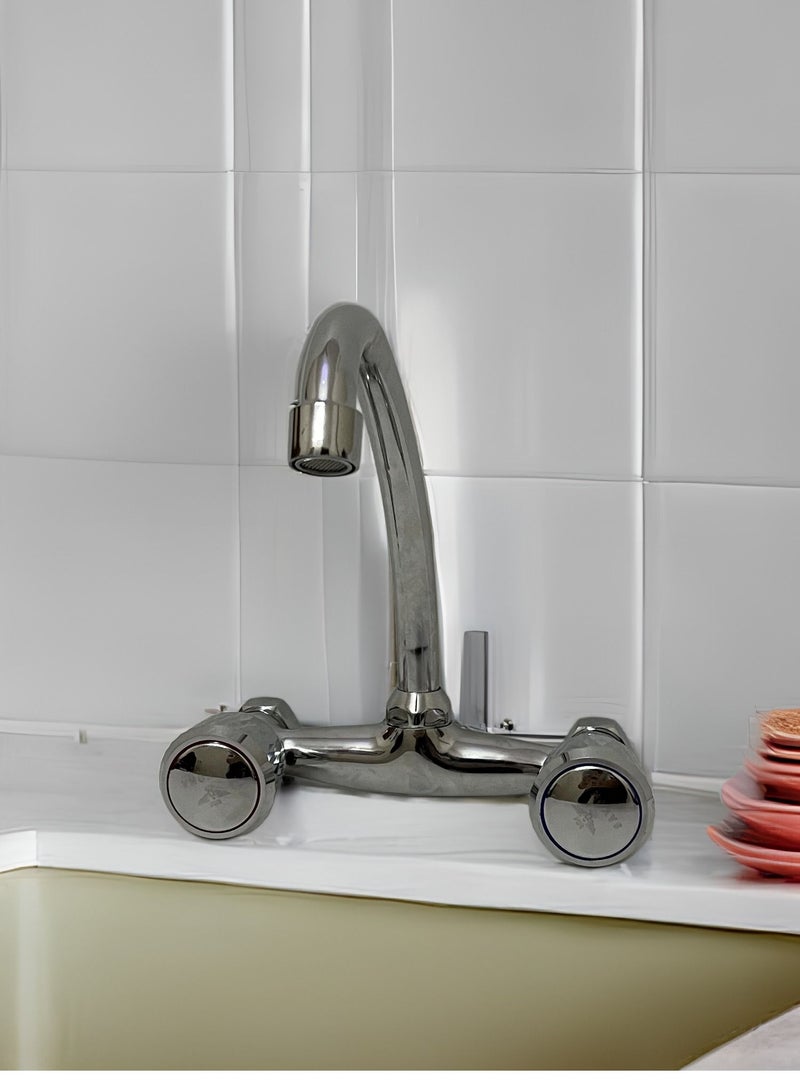 صنبور مياه بمقبض مزدوج للتثبيت في الحائط فضي - Image 4