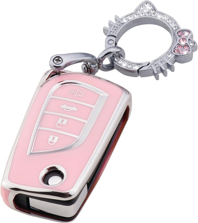 PANGPAI Pink Key Fob Cover for Toyota, Soft TPU Key Case Protection with Bling Keychain Fit for Toyota Fortuner Tundra Camry RAV4 Highlander Corolla Smart Key Holder - Image 1