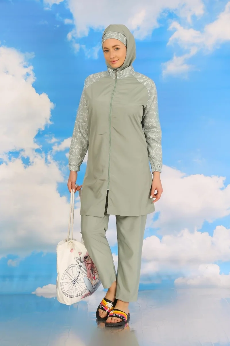 اكبينيز Women's Patterned Full Hijab Swimsuit with Trousers, Water Green 31072