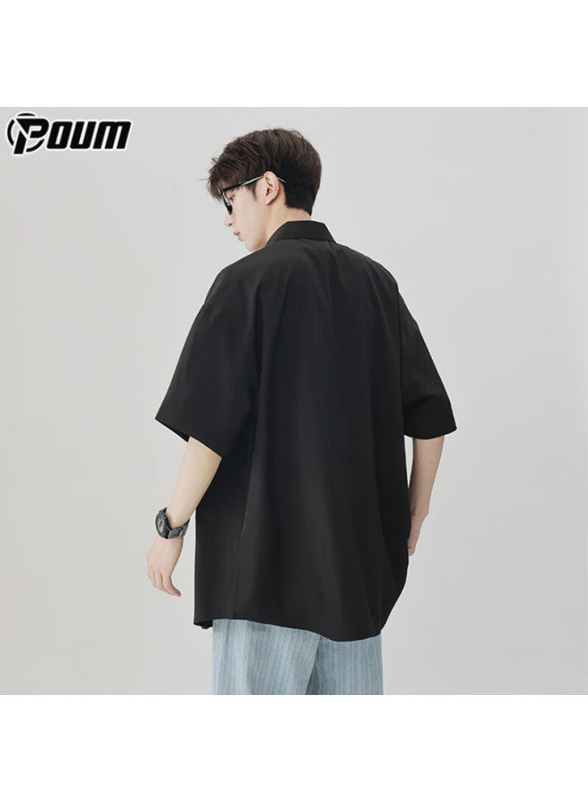 Poum Hong Kong Style Short Sleeve Shirt Men's Summer Casual Cool Feeling Loose Jacket Top Ph20 Black L - Image 3