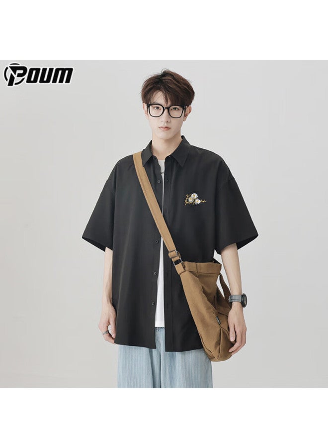 Poum Hong Kong Style Short Sleeve Shirt Men's Summer Casual Cool Feeling Loose Jacket Top Ph20 Black L - Image 4