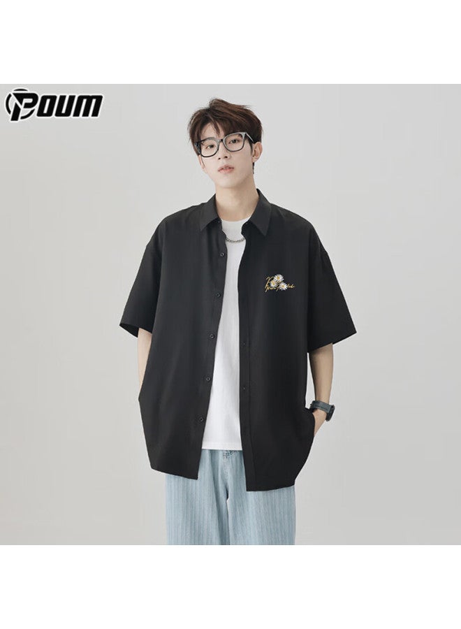 Poum Hong Kong Style Short Sleeve Shirt Men's Summer Casual Cool Feeling Loose Jacket Top Ph20 Black L - Image 1