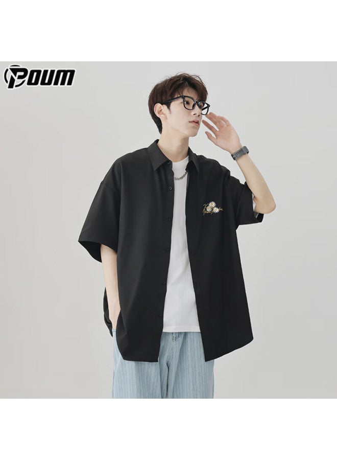 Poum Hong Kong Style Short Sleeve Shirt Men's Summer Casual Cool Feeling Loose Jacket Top Ph20 Black L - Image 2