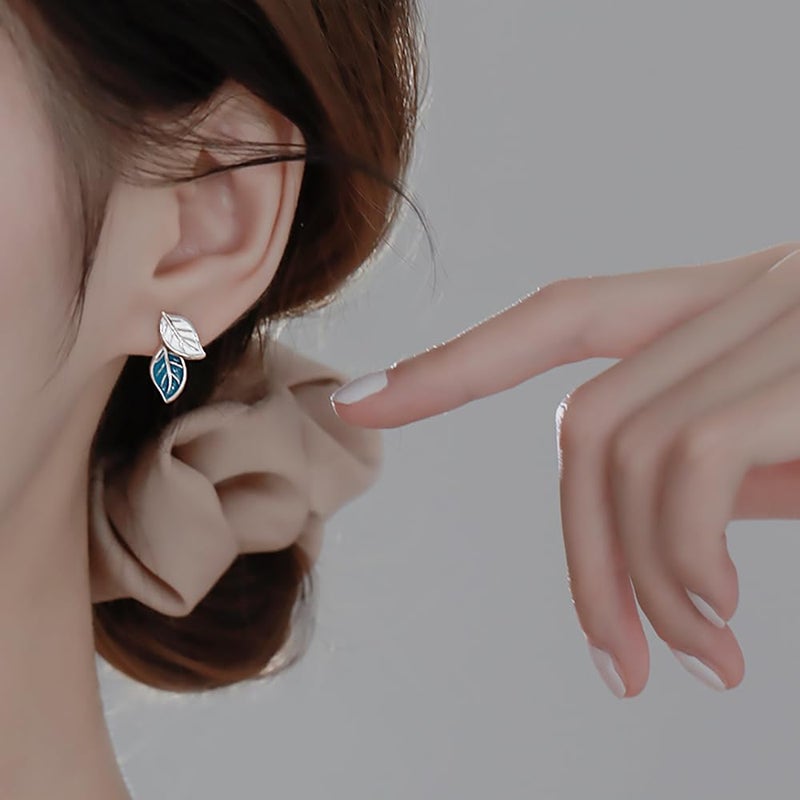 Reffeer Solid 925 Sterling Silver Small Leaf Stud Earrings for Women Teen Girls Blue Leaf Stud Earrings Spring (A-Silver) - Image 2