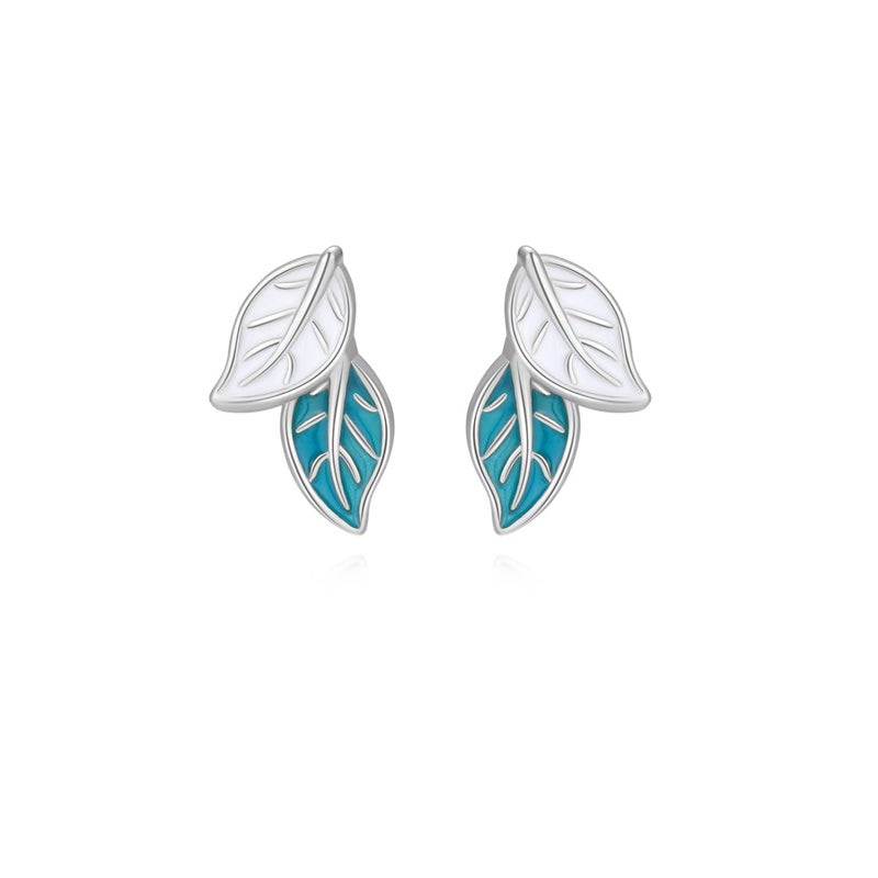 Reffeer Solid 925 Sterling Silver Small Leaf Stud Earrings for Women Teen Girls Blue Leaf Stud Earrings Spring (A-Silver) - Image 1