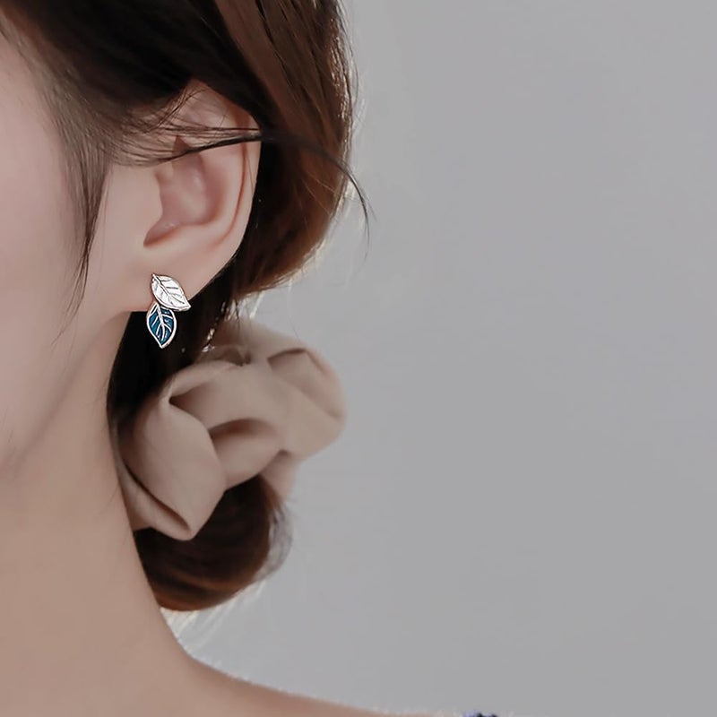 Reffeer Solid 925 Sterling Silver Small Leaf Stud Earrings for Women Teen Girls Blue Leaf Stud Earrings Spring (A-Silver) - Image 3