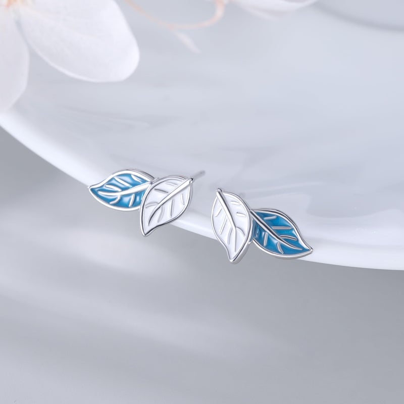 Reffeer Solid 925 Sterling Silver Small Leaf Stud Earrings for Women Teen Girls Blue Leaf Stud Earrings Spring (A-Silver) - Image 4