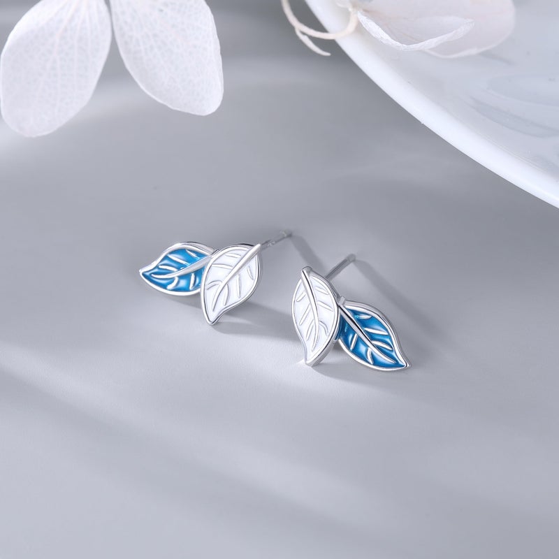 Reffeer Solid 925 Sterling Silver Small Leaf Stud Earrings for Women Teen Girls Blue Leaf Stud Earrings Spring (A-Silver) - Image 5