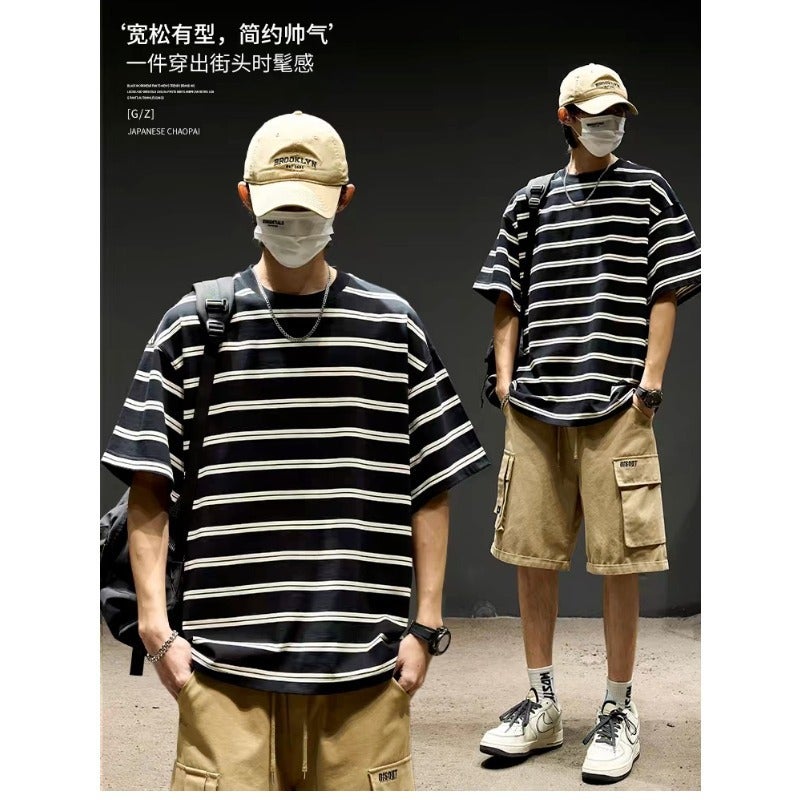 Striped T-shirt Men's New Style Haigoui Shirt Trendy Heavy Short-sleeved Summer Style Fashion Brand Half-sleeved T-shirt