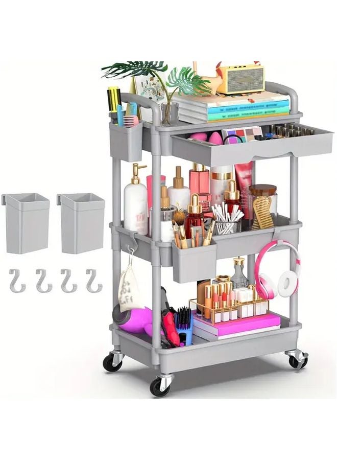 عربة متعددة الاستخدامات رمادية 3 طوابق متحركة بعجلات قابلة للقفل ورفوف بلاستيكية منظمة للتخزين - Image 1