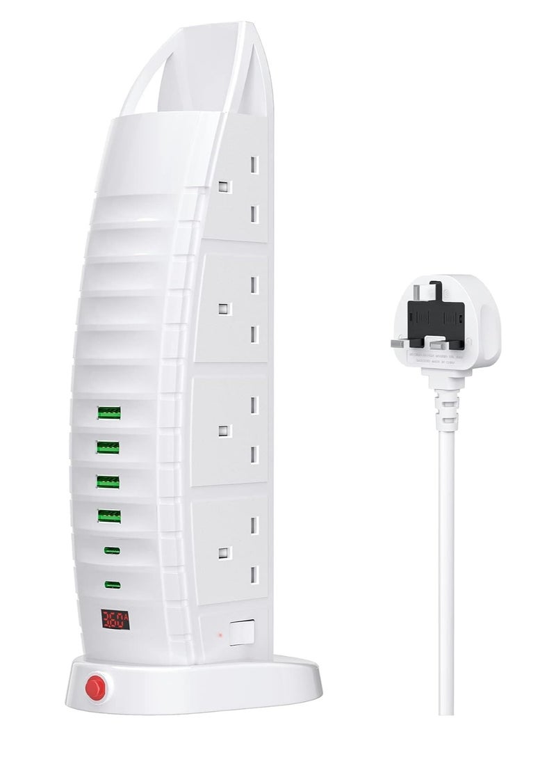 ليكسيس سلك تمديد جديد مع USB، سلك تمديد برجي بـ 8 منافذ، 6 منافذ USB (2 من النوع C و4 منافذ USB)، مقبس تمديد متعدد المقابس بقوة 3.6 أمبير، كابل بطول 2 متر مع مفاتيح، شريط طاقة رأسي - Image 1