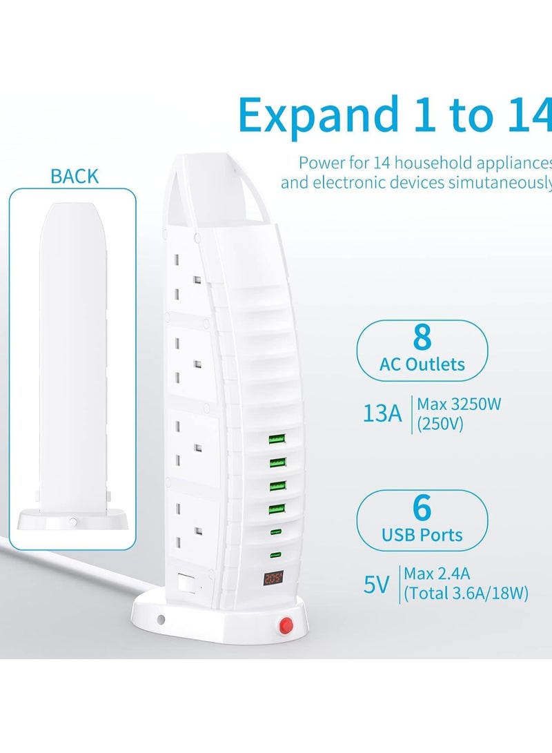 ليكسيس سلك تمديد جديد مع USB، سلك تمديد برجي بـ 8 منافذ، 6 منافذ USB (2 من النوع C و4 منافذ USB)، مقبس تمديد متعدد المقابس بقوة 3.6 أمبير، كابل بطول 2 متر مع مفاتيح، شريط طاقة رأسي - Image 2