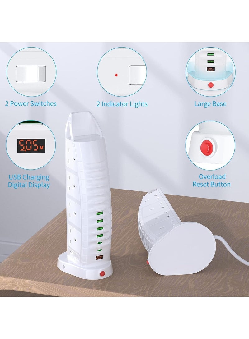 ليكسيس سلك تمديد جديد مع USB، سلك تمديد برجي بـ 8 منافذ، 6 منافذ USB (2 من النوع C و4 منافذ USB)، مقبس تمديد متعدد المقابس بقوة 3.6 أمبير، كابل بطول 2 متر مع مفاتيح، شريط طاقة رأسي - Image 4