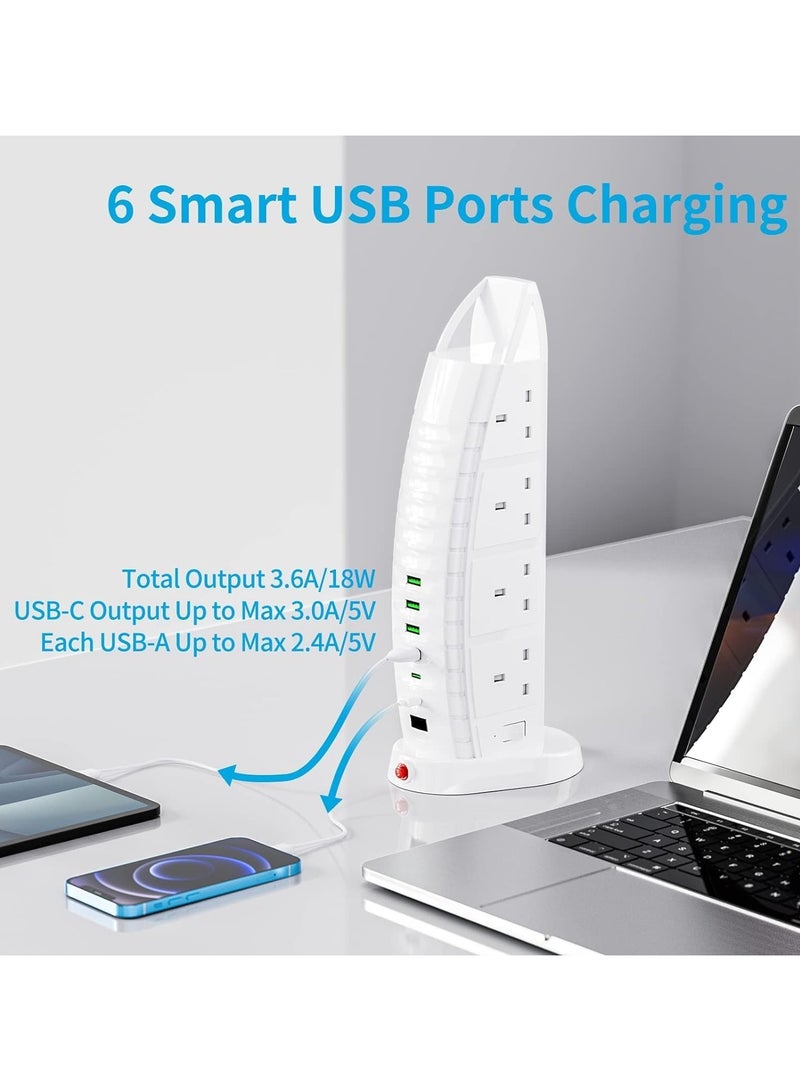 ليكسيس سلك تمديد جديد مع USB، سلك تمديد برجي بـ 8 منافذ، 6 منافذ USB (2 من النوع C و4 منافذ USB)، مقبس تمديد متعدد المقابس بقوة 3.6 أمبير، كابل بطول 2 متر مع مفاتيح، شريط طاقة رأسي - Image 3