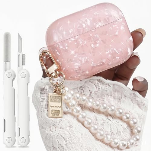 Wowwat for Airpods Pro 3 Case 2025,Cute Funny Glitter Shell Pattern Soft TPU Cover Compatible with Airpods Pro 3rd Generation Case with Luxury Pearl Keychain and Cleaning Kit for Women Girl-Pink - Image 1