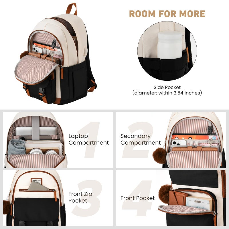 WINDARS School Backpack for Teen Girls, Cute College Backpacks for Women Students Aesthetic Bookbag Large 15.6 Inch Laptop Bag Middle School Travel Back Pack (Beige-Black-Brown) - Image 2