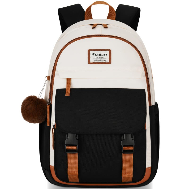 WINDARS School Backpack for Teen Girls, Cute College Backpacks for Women Students Aesthetic Bookbag Large 15.6 Inch Laptop Bag Middle School Travel Back Pack (Beige-Black-Brown) - Image 1