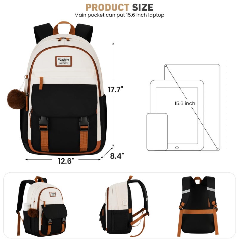 WINDARS School Backpack for Teen Girls, Cute College Backpacks for Women Students Aesthetic Bookbag Large 15.6 Inch Laptop Bag Middle School Travel Back Pack (Beige-Black-Brown) - Image 3