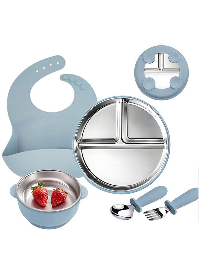 5 قطع من أطباق الأطفال المصنوعة من الفولاذ المقاوم للصدأ مع كؤوس شفط، أطباق الأطفال المقسمة مع غطاء سيليكون قابل للإزالة، مقاومة للانزلاق، غير قابلة للتكسير - Image 1