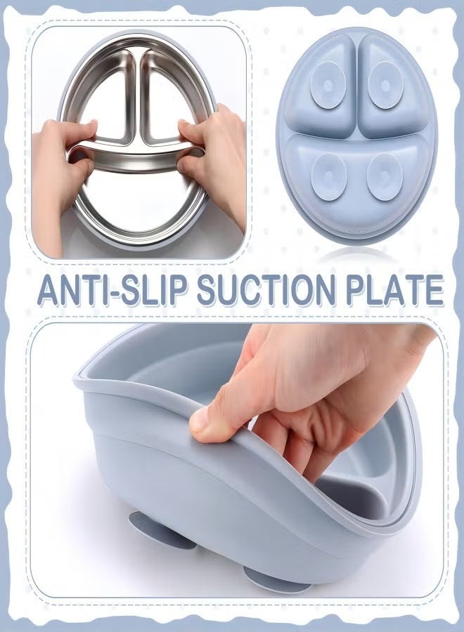 5 قطع من أطباق الأطفال المصنوعة من الفولاذ المقاوم للصدأ مع كؤوس شفط، أطباق الأطفال المقسمة مع غطاء سيليكون قابل للإزالة، مقاومة للانزلاق، غير قابلة للتكسير - Image 4