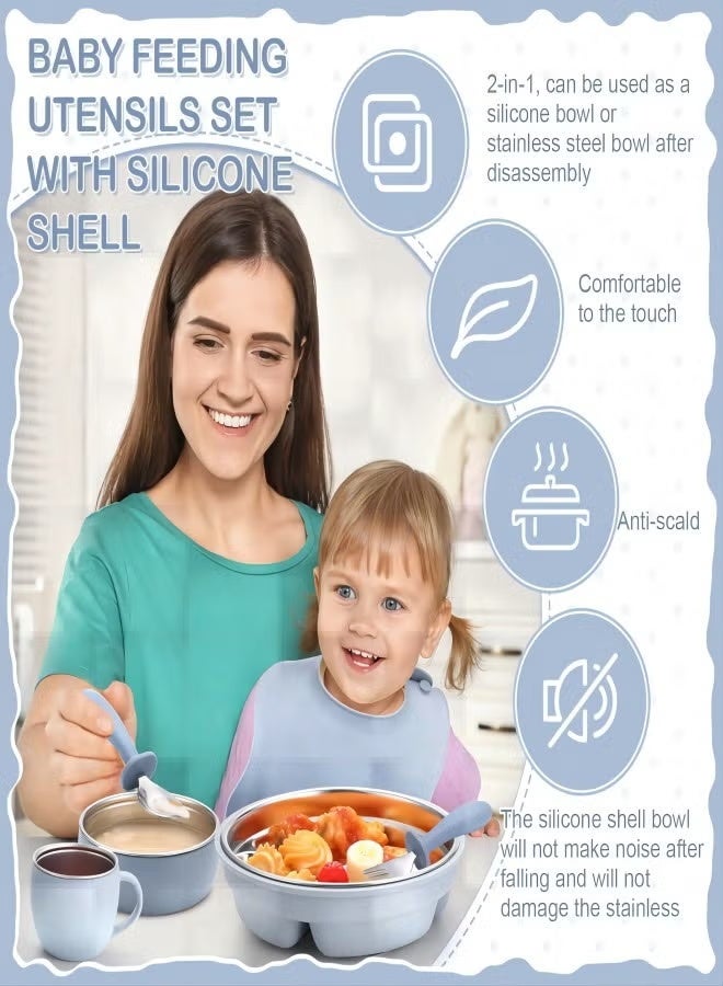 5 قطع من أطباق الأطفال المصنوعة من الفولاذ المقاوم للصدأ مع كؤوس شفط، أطباق الأطفال المقسمة مع غطاء سيليكون قابل للإزالة، مقاومة للانزلاق، غير قابلة للتكسير - Image 3