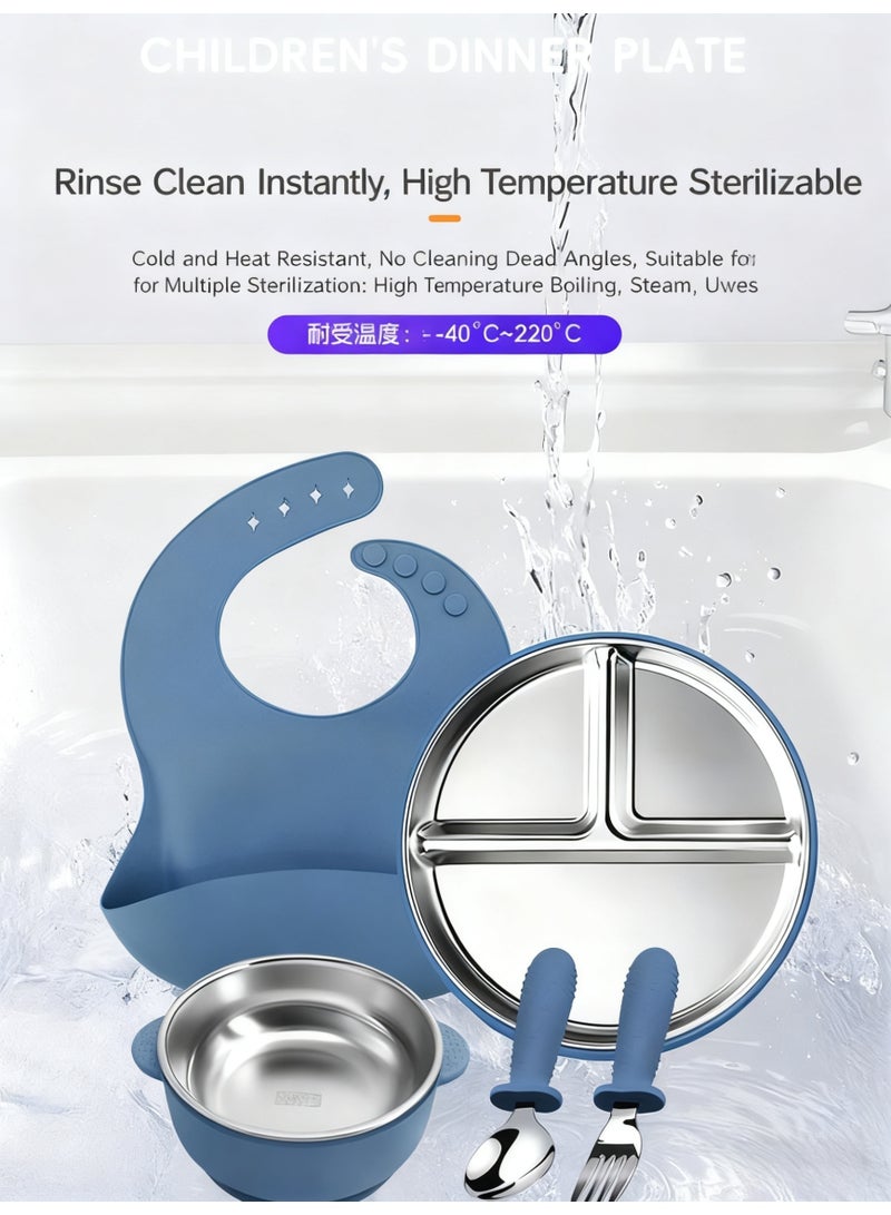 5 قطع من أطباق الأطفال المصنوعة من الفولاذ المقاوم للصدأ مع كؤوس شفط، أطباق الأطفال المقسمة مع غطاء سيليكون قابل للإزالة، مقاومة للانزلاق، غير قابلة للتكسير - Image 5