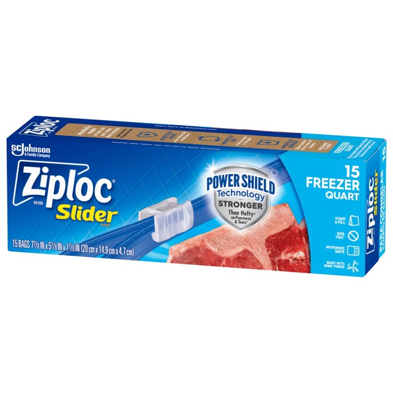 SC Johnson Sc Johnson Ziploc Quart Food Storage Freezer Slider Bags, Power Shield Technology For More Durability, 15 Count  - Image 1