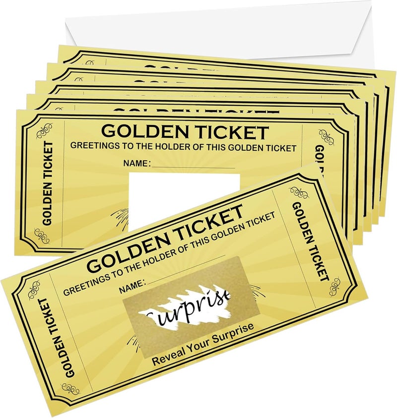 wootile Golden Ticket Scratch Off Cards with Envelope 3.5x8 Inch DIY Make Your Own Golden Ticket Scratch Off Tickets - Gold Ticket Cards Gift Card Party Favors Note Cards 10 Pack - Image 1